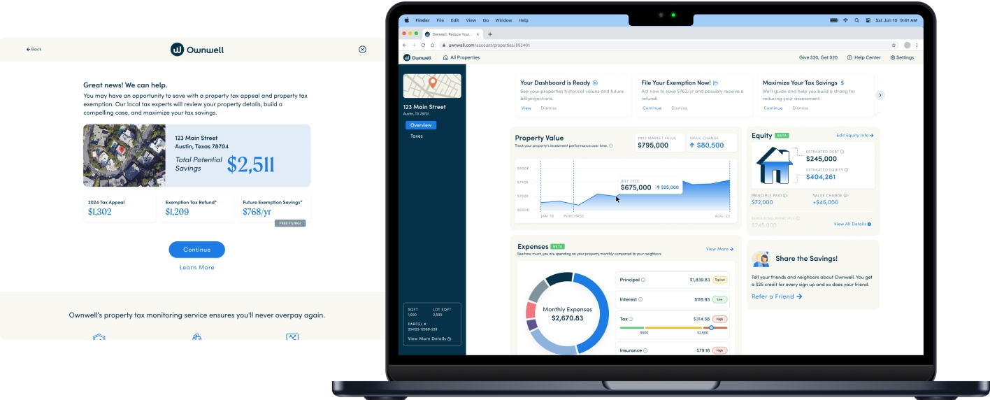 Laptop that show cases the Ownwell website with the appeal process and property information